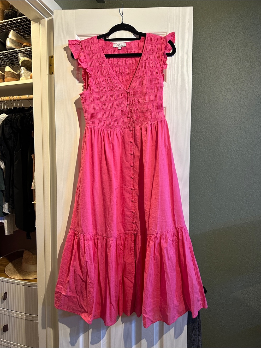 Women’s Bright Pink Button-Front Maxi Dress with Smocked Bodice
